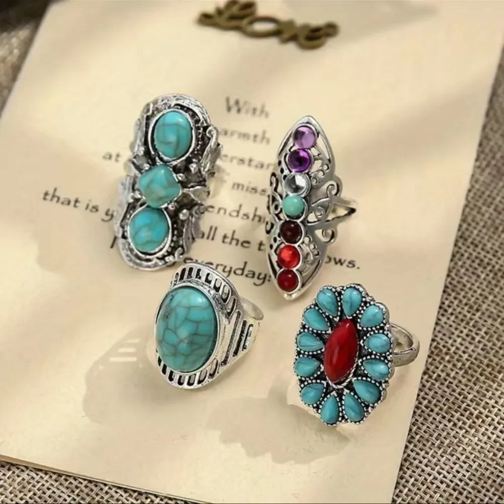 4-piece turquoise chakra bohemian ring